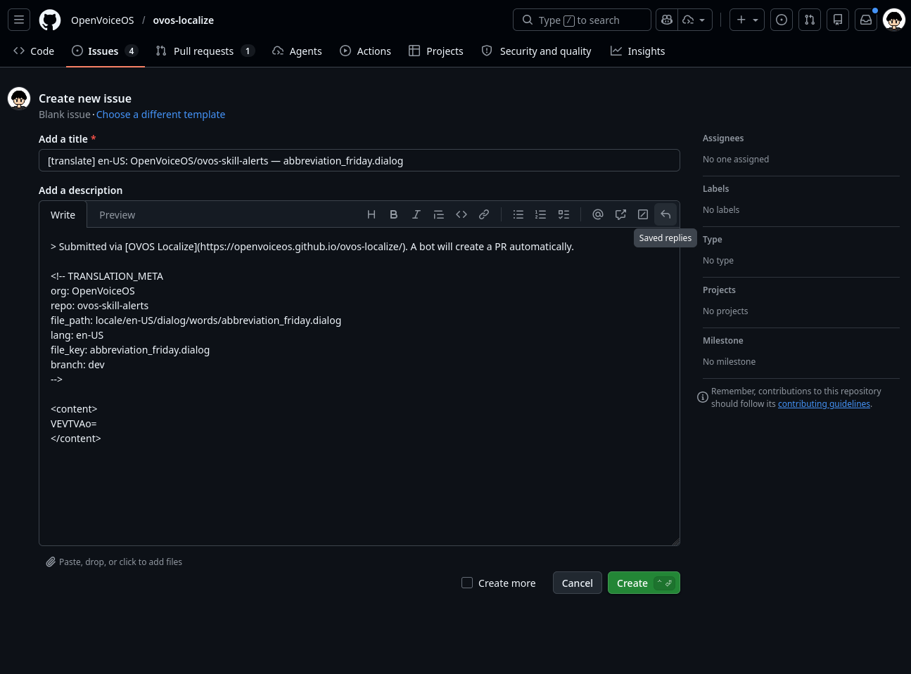 GitHub new issue page with pre-filled translation data