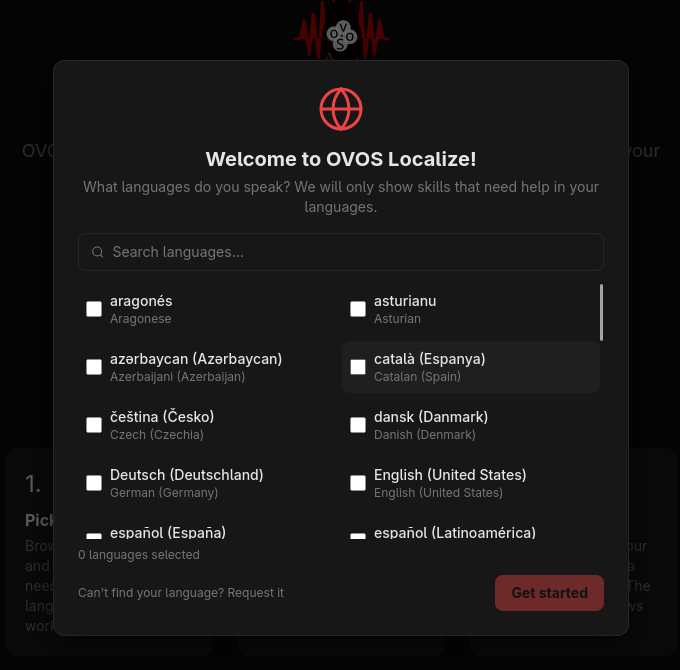 Language selection modal with checkboxes